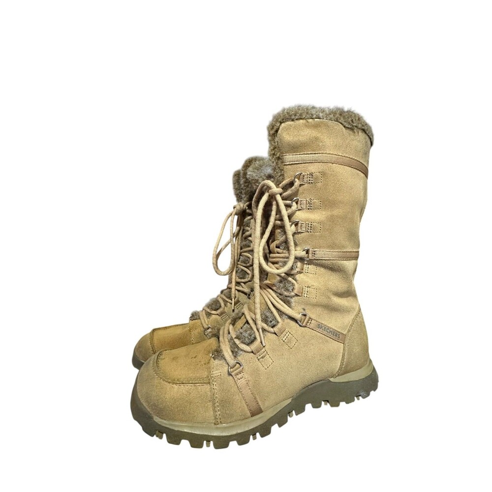 Vintage Y2K Skechers Tan Suede Faux Fur Lace Up Tall Winter Boots 8.5 Side Zip